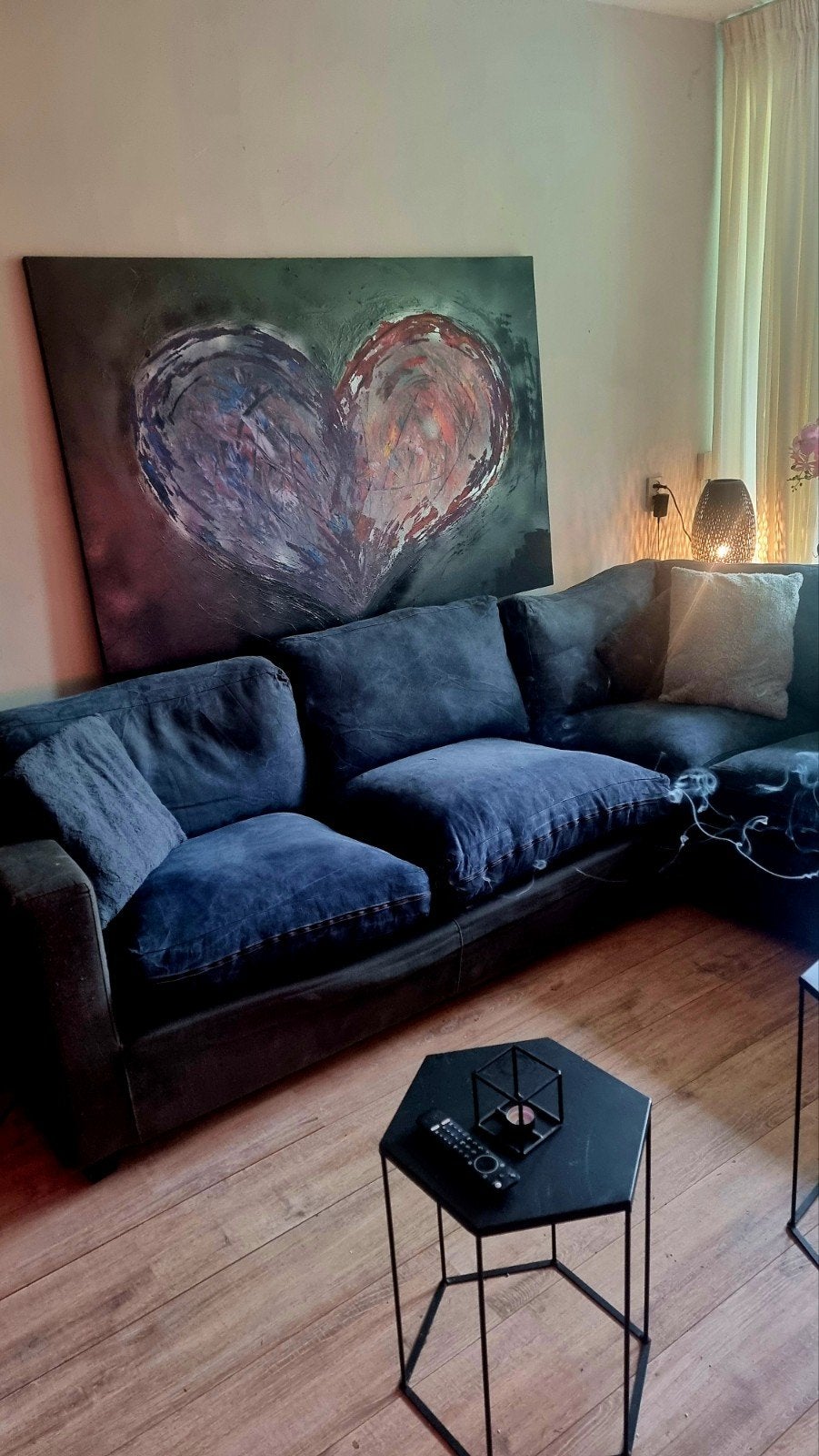 Groot abstract schilderij: Kleurrijk hart op zwart canvas, Ophalen, Abstract, Acrylverf, Op houten frame