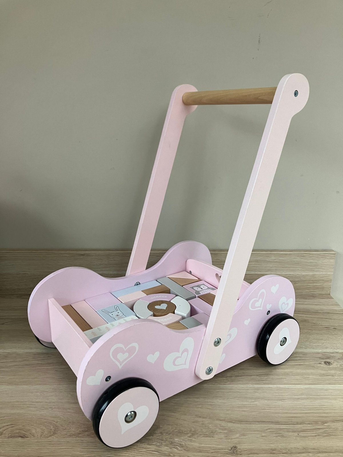 Houten loopwagentje met blokjes roze, Ophalen, Gebruikt, Duw- of Trekspeelgoed