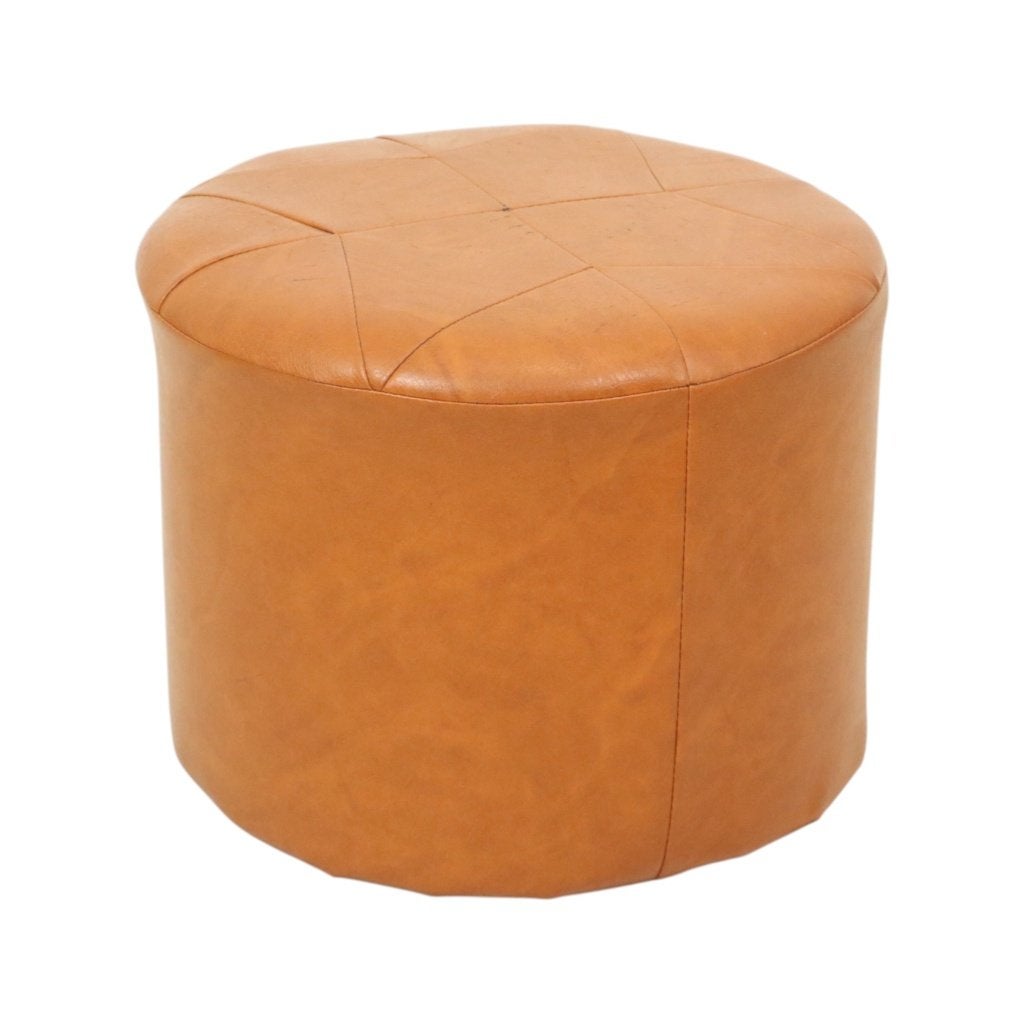 Ronde Vintage Poef Bruin Skai Leder Stermotief Sixties, Minder dan 50 cm, Gebruikt, Rond, Minder dan 50 cm