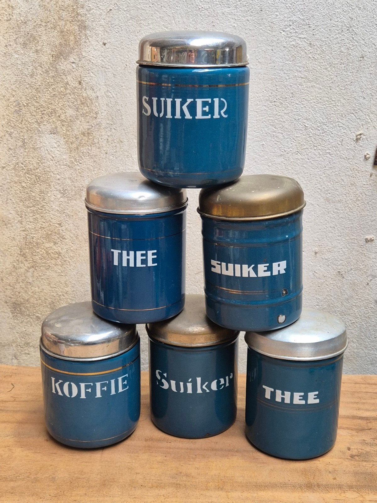 Set van 6 Vintage Emaille Voorraadbussen – Petrolblauw, Antiek en Kunst, Ophalen of Verzenden