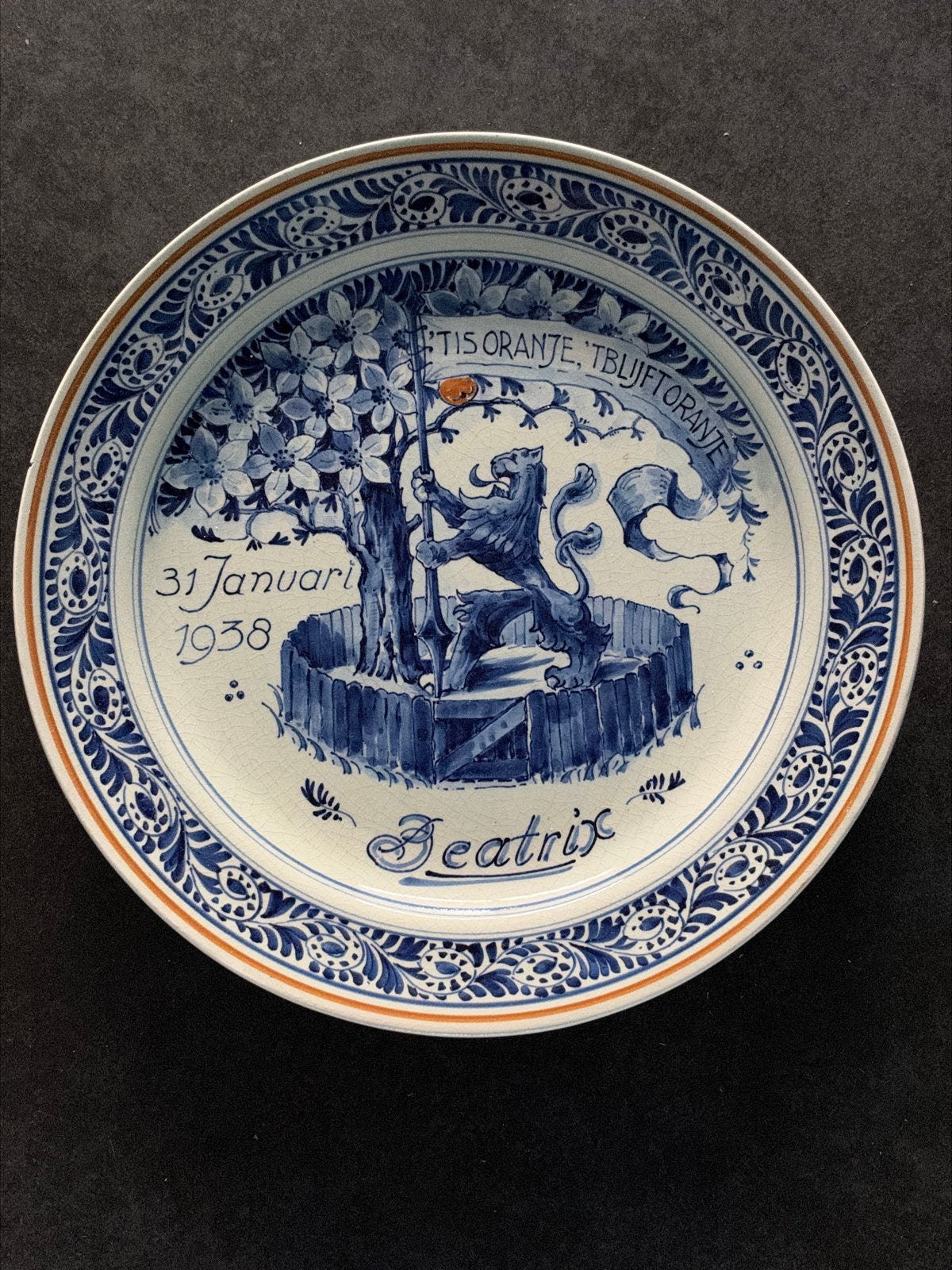 Delfts Blauw bord Beatrix geboorte 1938, Antiek en Kunst, Ophalen of Verzenden