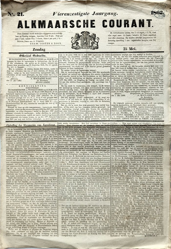 Alkmaarsche Courant · 25 Mei 1862 !!, Ophalen of Verzenden, 19e eeuw, Zo goed als nieuw