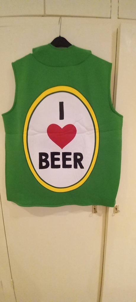 Carnaval heren/dames bierfles  kostuum met tekst ., Ophalen of Verzenden, Zo goed als nieuw, Carnaval, Kleding