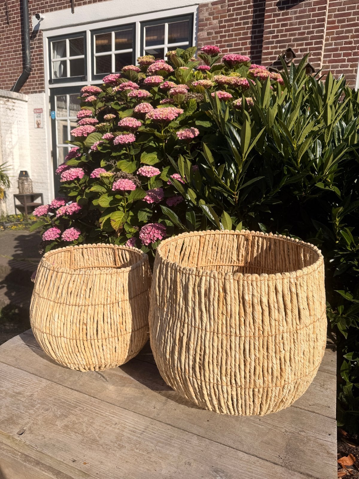 Set grote bloempotten riet - 2 stuks, Overige materialen, 40 cm of meer, Rond, Ophalen of Verzenden