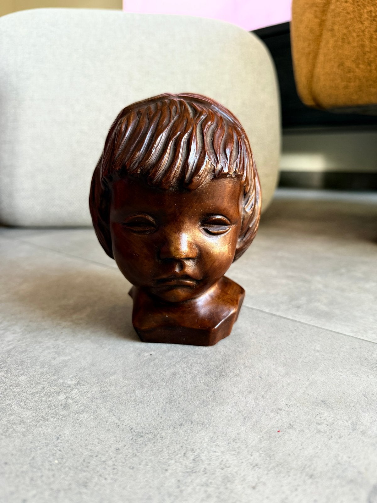 Vintage Buste van Kind - Bronskleurig Houtsnijwerk, Antiek en Kunst, Ophalen, Overige onderwerpen, Minder dan 20 cm, Buste
