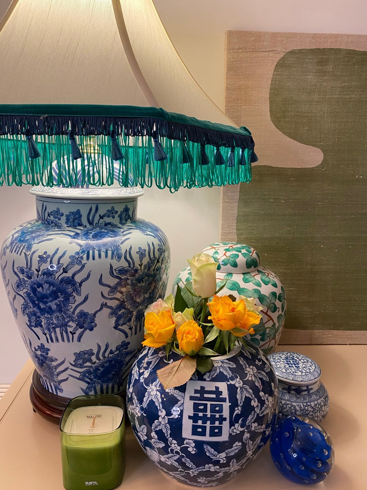 Chinoiserie Chinees Delfsblauw Porseleinen Lamp met Franje, Ophalen