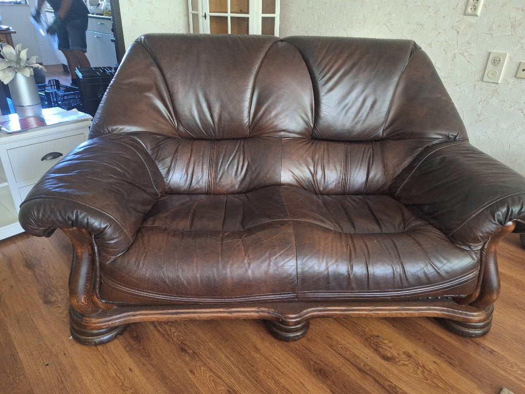 massief houten bankstel met leer bekleed, 2-zits en 3-zits, Ophalen, Gebruikt, 100 tot 125 cm, 150 tot 200 cm