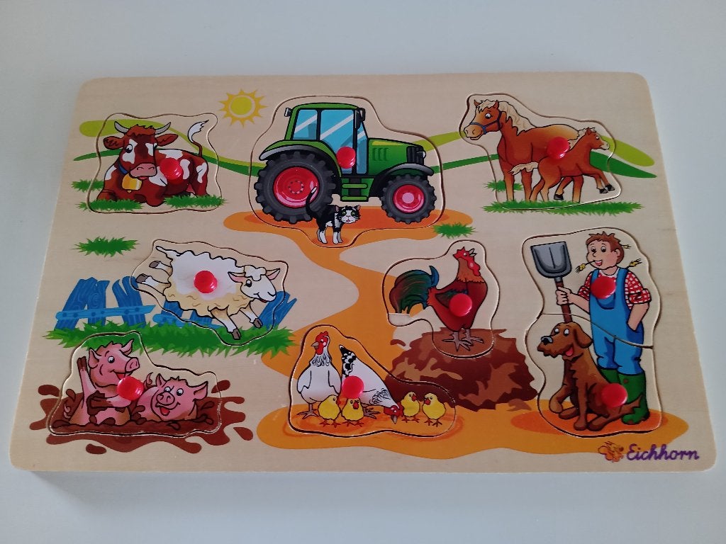 Houten Knopjes Boerderij Puzzel met 9 stukjes, Kinderen en Baby's, Speelgoed | Houten speelgoed, Ophalen of Verzenden, Gebruikt