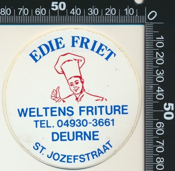 Sticker: Weltens Friture - Edie Friet - Deurne, Ophalen of Verzenden, Zo goed als nieuw, Bedrijf of Vereniging