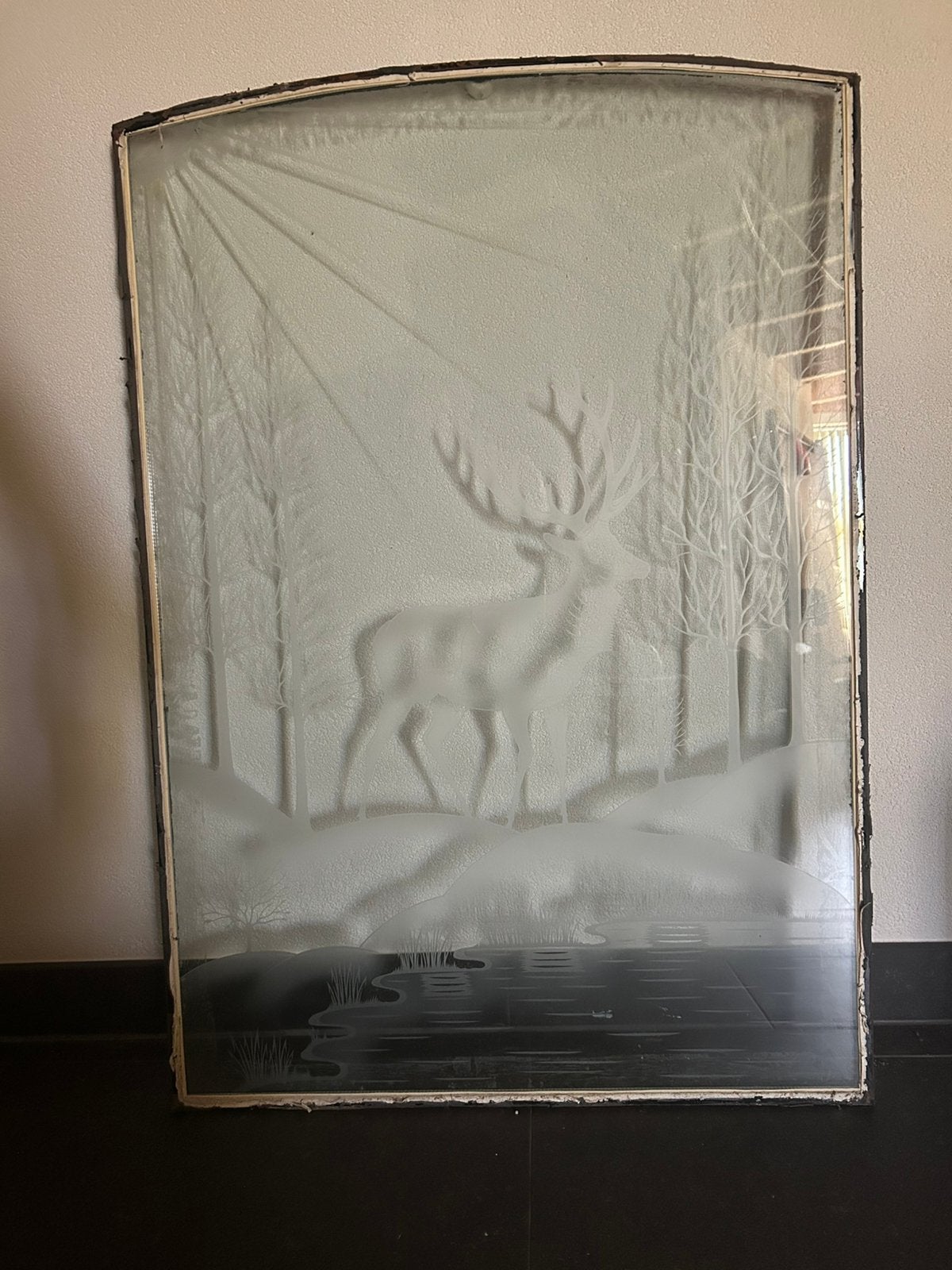 Raam dubbelglas gegraveerd hert en bomen, Ophalen, Gevelraam of Ruit, Minder dan 80 cm, 80 tot 120 cm