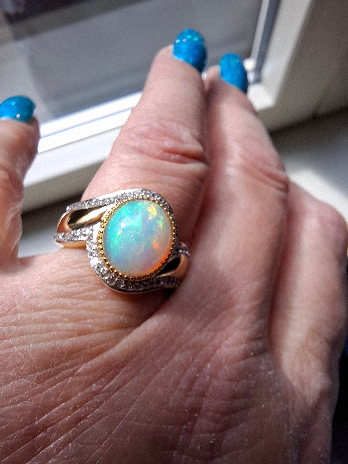 Zilver Vergulde Ring met Opaal en Zirkonen - Maat 54 EU, Sieraden, Tassen en Uiterlijk, Verzenden, Nieuw, 17 tot 18, Met edelsteen