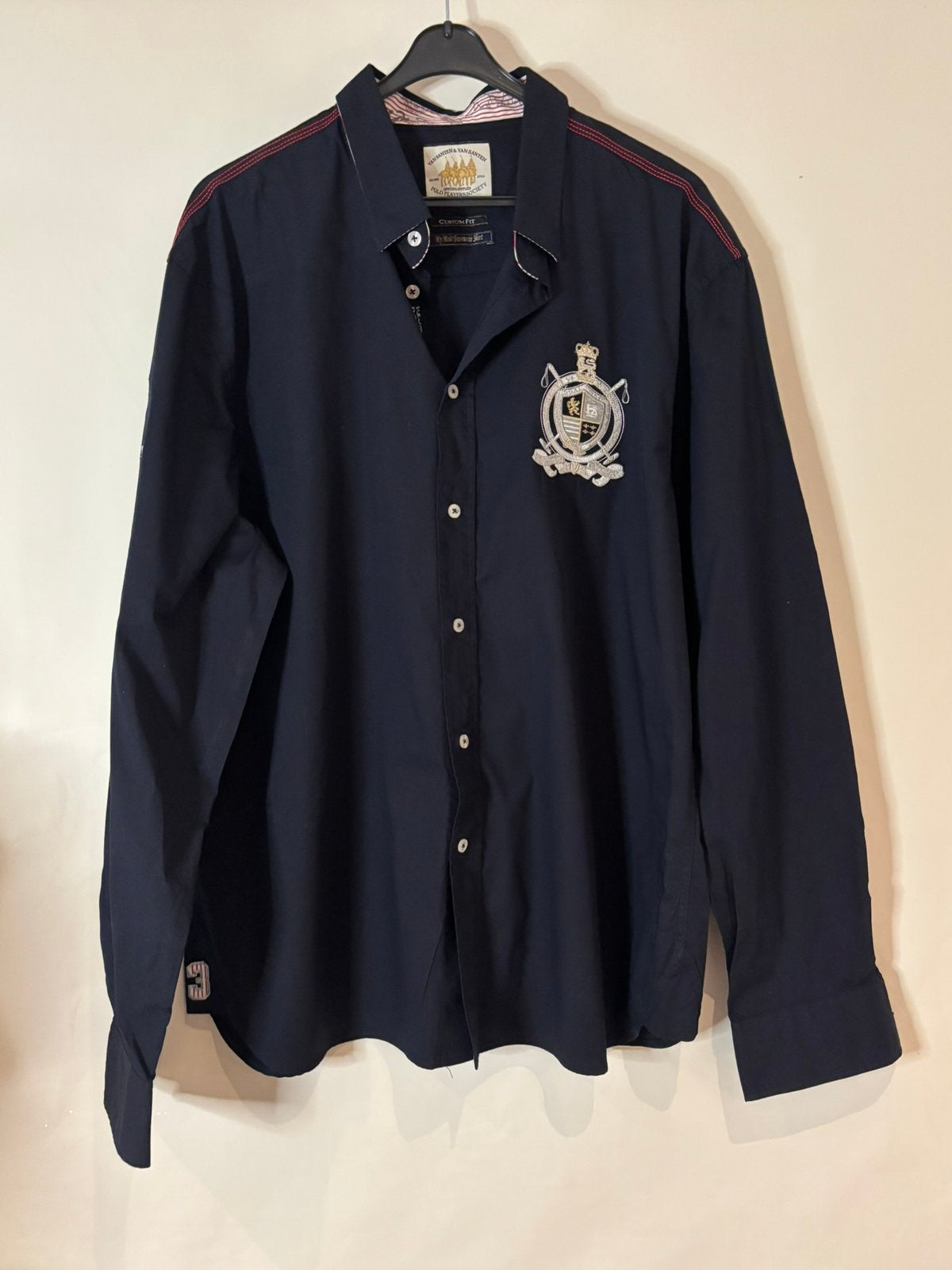 Polo players society blauw hemd met emblemen. Xl, Ophalen of Verzenden, Zo goed als nieuw, Blauw, Halswijdte 43/44 (XL)