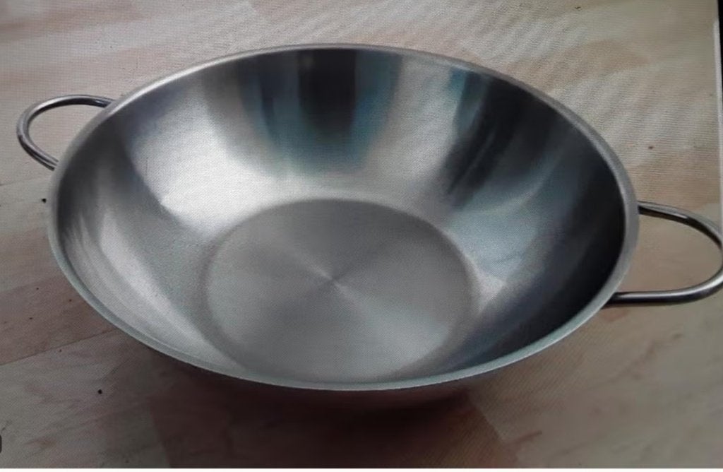 Te koop wokpan RVS, Huis en Inrichting, Keuken | Potten en Pannen, Ophalen, Zo goed als nieuw, Rvs, Wok