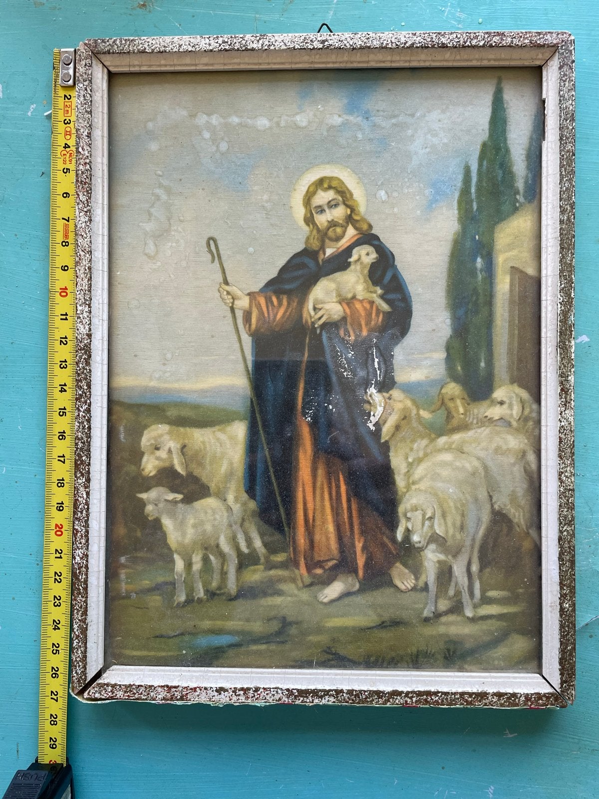 Vintage Jezus Goede Herder Schilderij met Schapen, Antiek en Kunst, Antiek | Religie, Ophalen of Verzenden