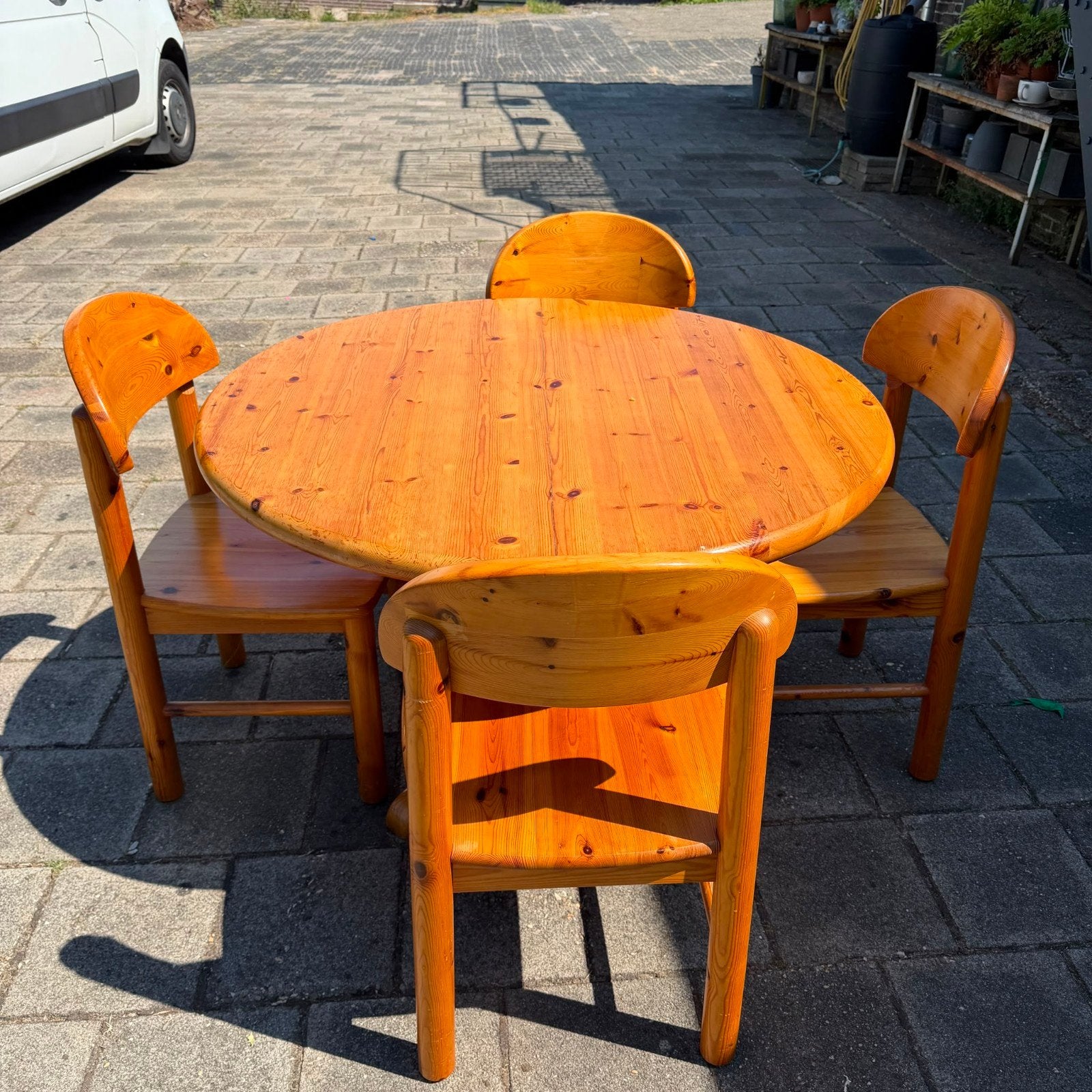 Massief grenen eettafel met 4 stoelen - Rond, Ophalen, Gebruikt, Rond, Landelijk, Klassiek