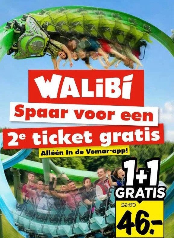 Walibi ticket 1+1 gratis, Eén persoon, Kortingskaart