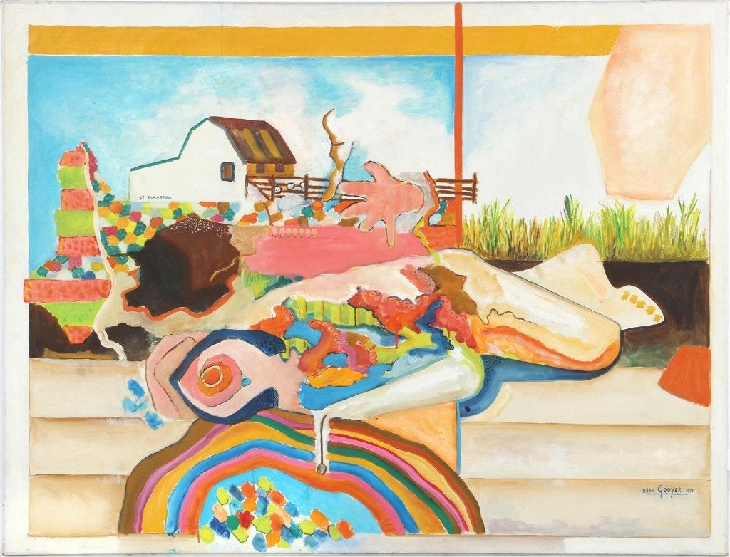 Schilderij Modern doek Hendrik Gooijer 1973, 100x130 cm, Landschap, Acrylverf, Ophalen of Verzenden, Gelimiteerde oplage