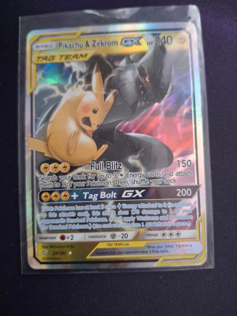 Pikachu & Zekrom GX TAG TEAM Pokémon Kaart, Ophalen of Verzenden, Zo goed als nieuw, Losse kaart, Foil