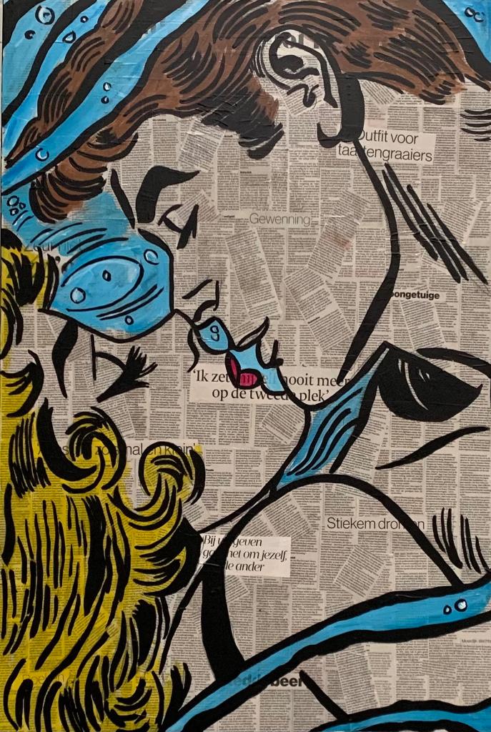 Schilderij Popart op Krant Verliefd in Water, Ophalen, Oorspronkelijke maker, Nieuw, Schilderij
