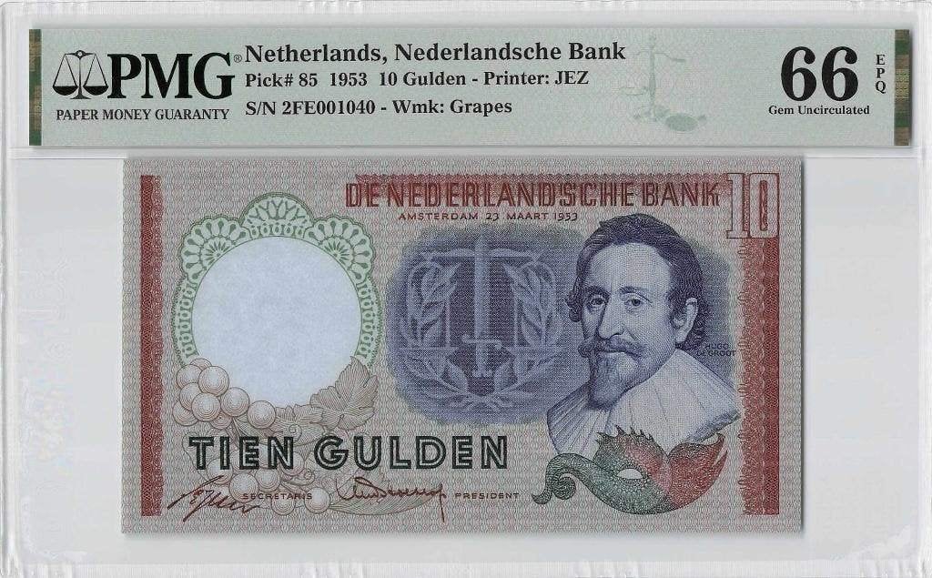UNC biljet 10 gulden Hugo de Groot, 1953 | PMG 66, Ophalen of Verzenden, 10 gulden