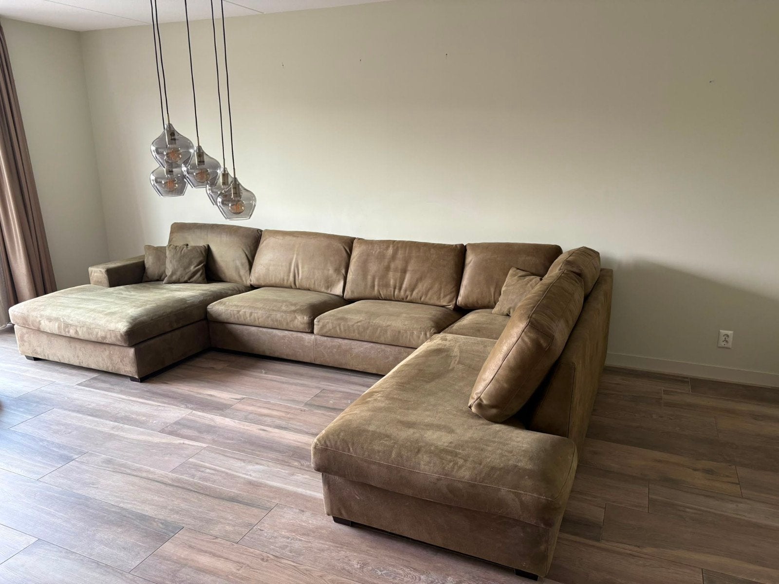 Luxe groene bank met longchair, Ophalen, Gebruikt, Hoekbank, 300 cm of meer