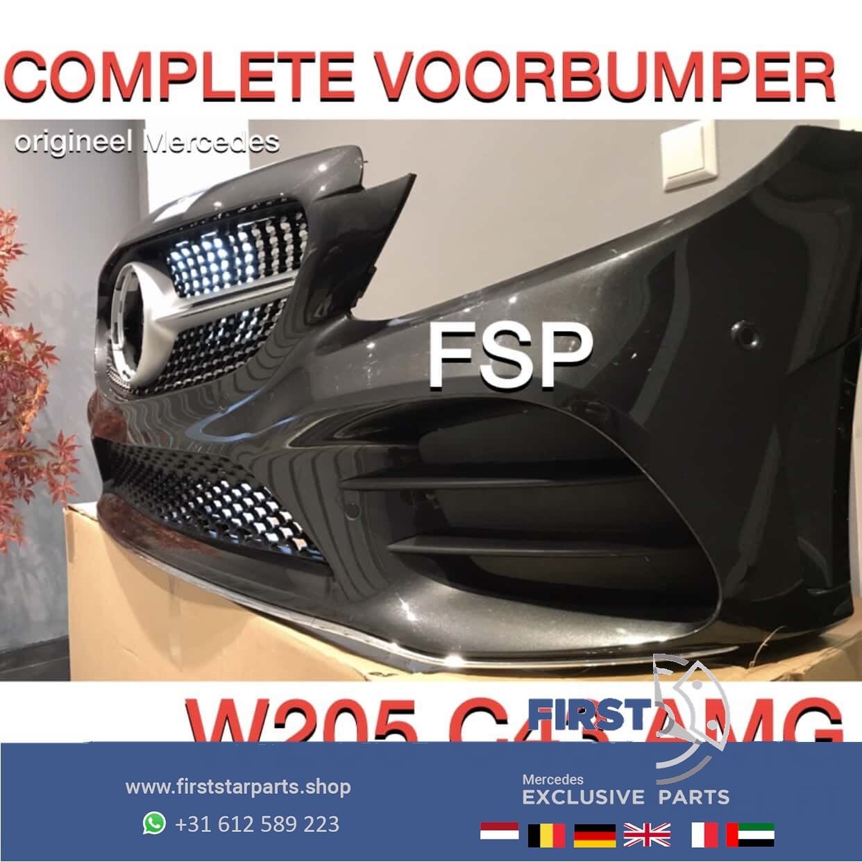 W205 C43 AMG BUMPER Mercedes C Klasse GRIJS AMG PAKKET COMPL, Gebruikt, -, Voor, Ophalen of Verzenden