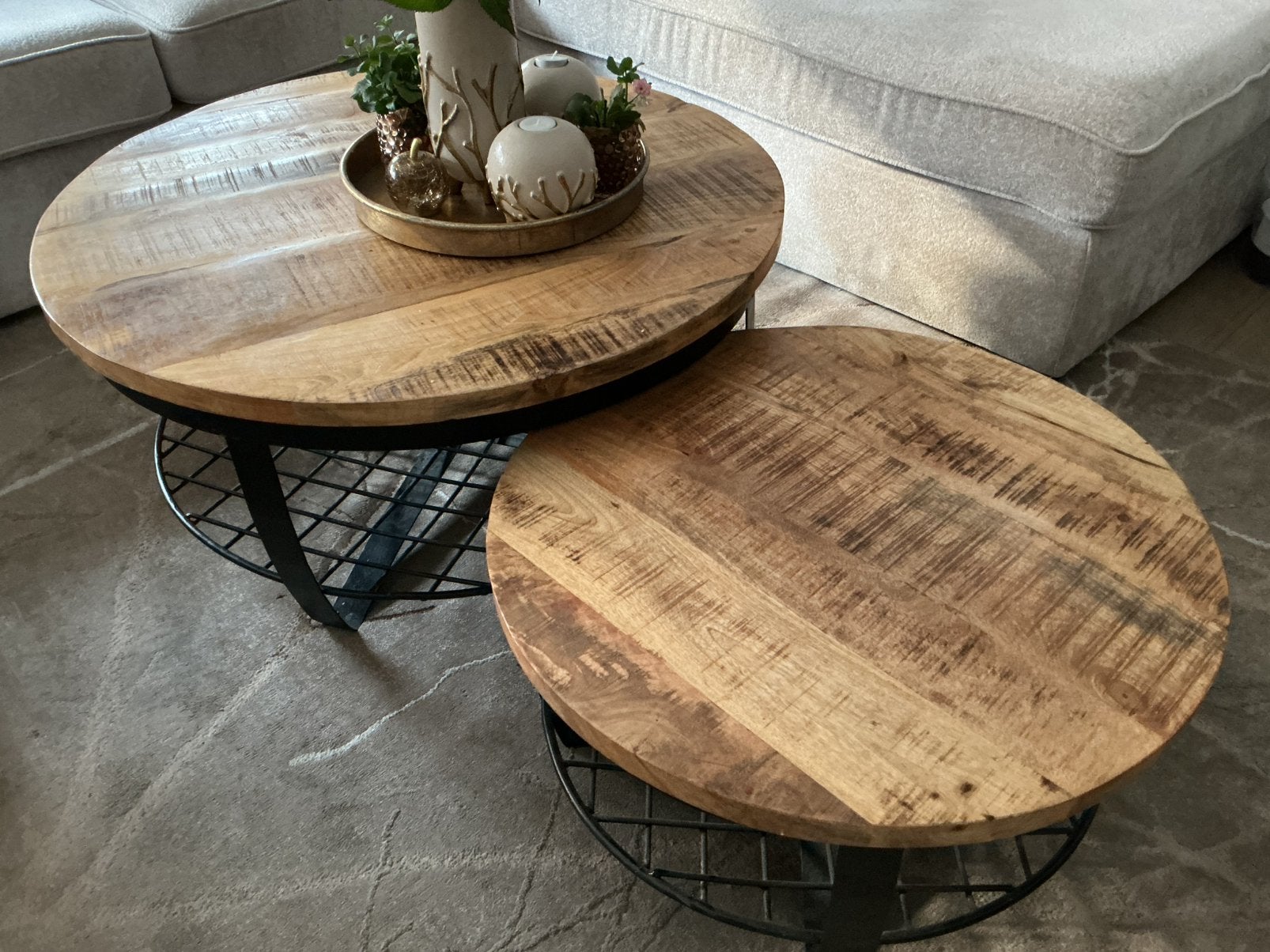Duo salontafelsmango hout, Huis en Inrichting, Tafels | Salontafels, Ophalen, Zo goed als nieuw, Rond, 50 tot 100 cm