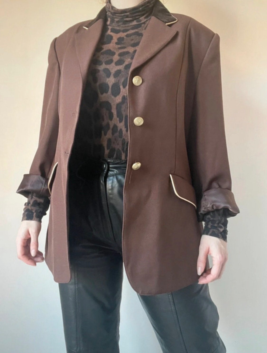 Bruin vintage jasje/blazer, L. Fancy colbert goud fluweel, Bruin, Verzenden, Maat 42/44 (L), Vintage