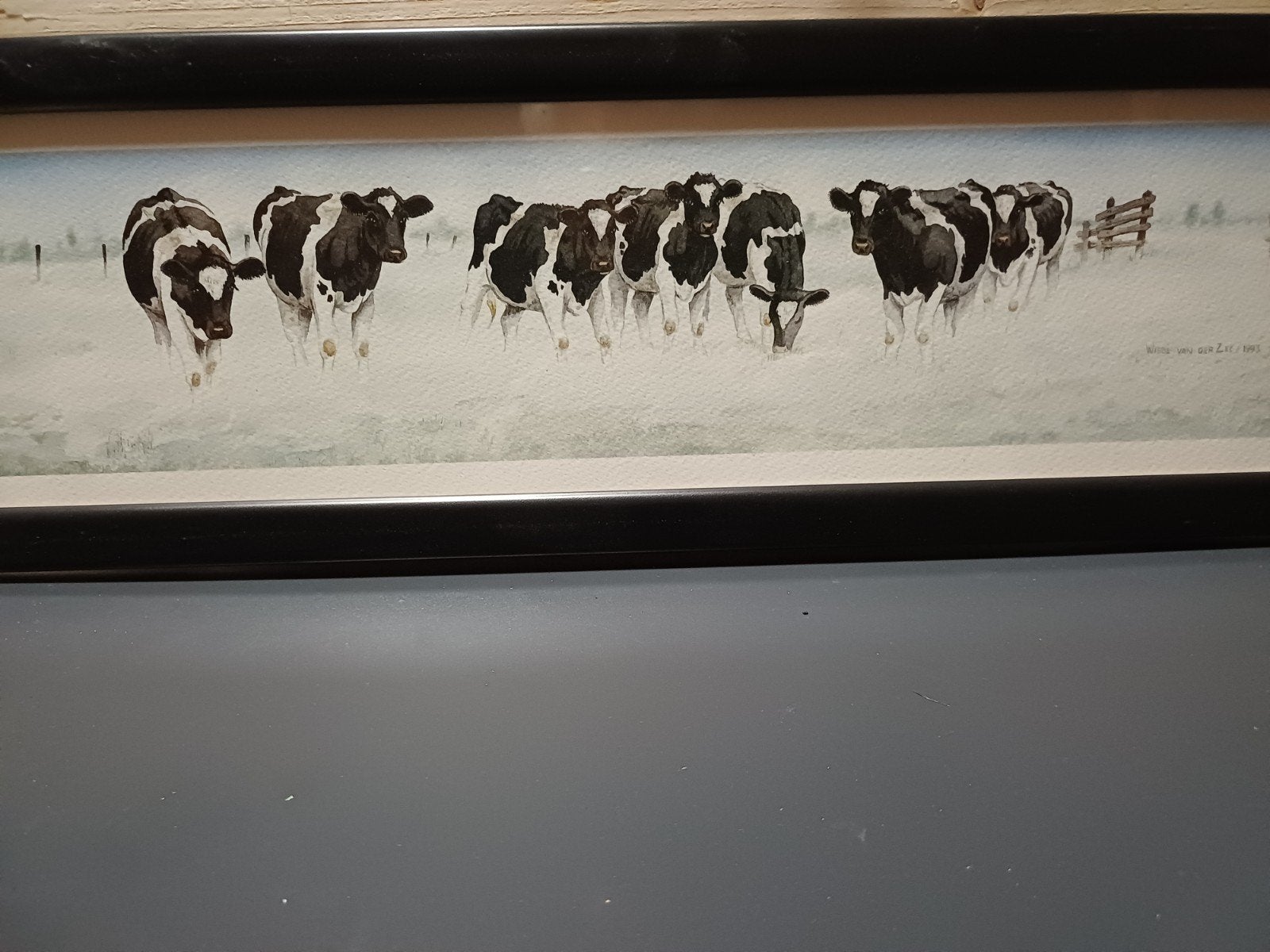 Aquarel van Wiebe van der Zee: Koeien in de sneeuw, Ophalen, Realistisch, Gedateerd, Dieren