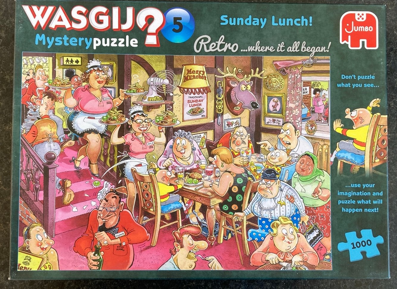 Wasgij puzzel mystery puzzle 5, 1000 Sunday kunch, Ophalen of Verzenden, 500 t/m 1500 stukjes, Gebruikt, Legpuzzel