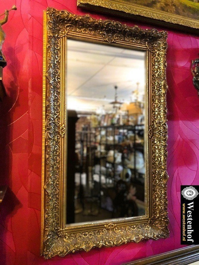 Barok spiegel klassiek - antiek met gouden lijst - 95x55 cm, Antiek en Kunst, Ophalen of Verzenden, Rechthoekig, 50 tot 100 cm