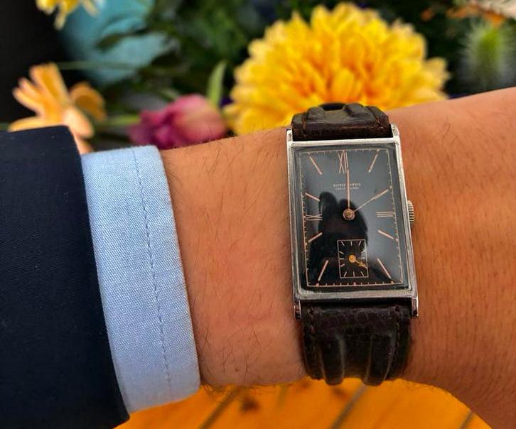 Zeldzame Ulysse Nardin Art Deco Tank black gilt dial 1940’s, Overige merken, Staal, Met bandje, Polshorloge