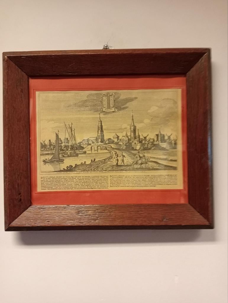 Antieke Gravure Delft Stadsgezicht 17e Eeuw Ingelijst, Antiek en Kunst, Stadsgezicht, Ingelijst, Gravure, 1600 - 1699