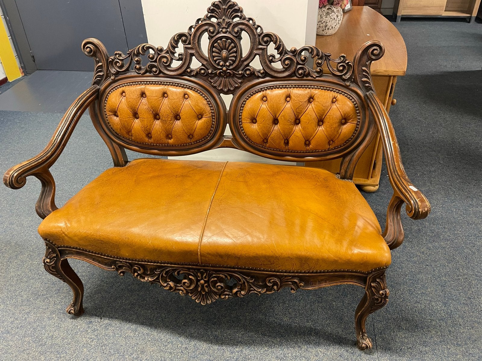 Antieke Barok Stijl Bankje met Lederen Bekleding, Antiek en Kunst, Ophalen of Verzenden