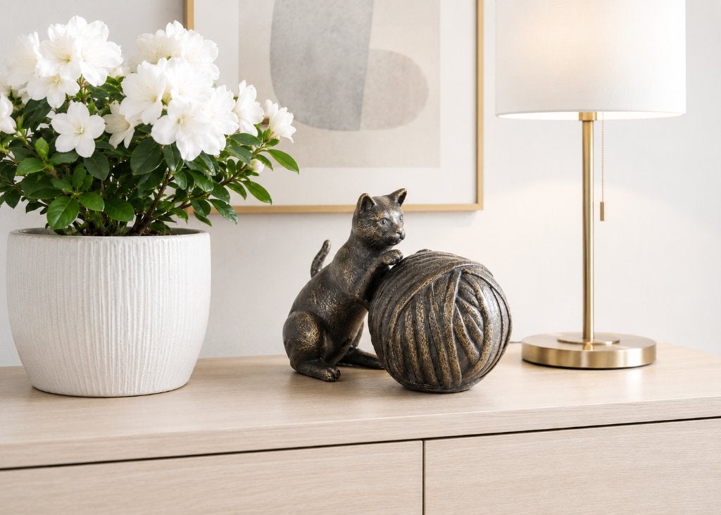 URN met SPELENDE POES / brons / as urn, Nieuw, Info@huisentuindecoratiemarie.nl, Huis en tuin decoratie marie, Peize