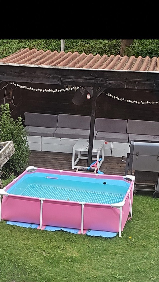 Roze zwembad met afdekzeil en tegels -, Tuin en Terras, Ophalen, Minder dan 80 cm, Opzetzwembad, 200 tot 400 cm