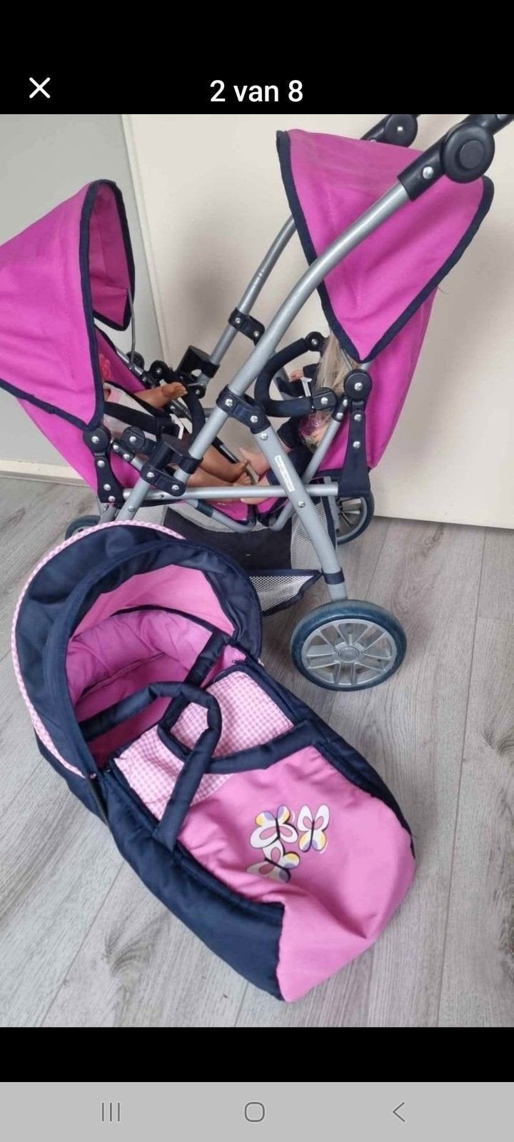 Poppenwagen tweeling met draagmand, Ophalen of Verzenden, Gebruikt, Overige typen