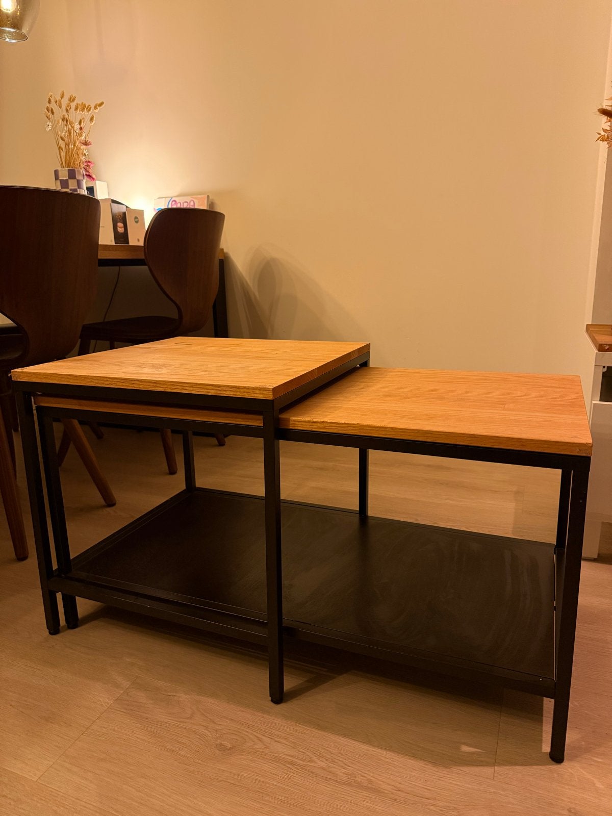 Set van 2 salontafels, hout en metaal, industrieel design, Ophalen, Minder dan 45 cm, Gebruikt, 75 cm of meer