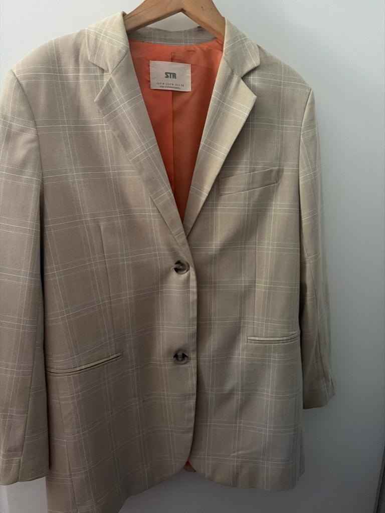 STR geruit colbert met oranje voering - Maat M, Maat 38/40 (M), Beige, Ophalen of Verzenden, Zo goed als nieuw
