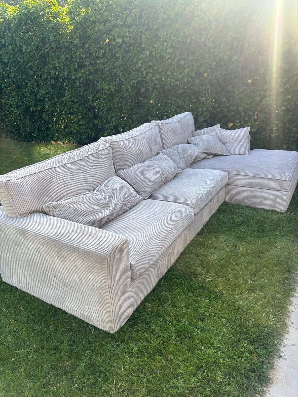 Grote Hoekbank Ribstof Grijs, Ophalen, Hoekbank, 300 cm of meer, Zo goed als nieuw