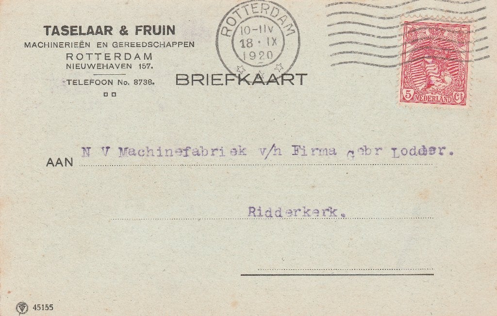 ROTTERDAM 1920 TASELAAR & FRUIN Machinerien Gereedschappen, Ophalen of Verzenden, Voor 1920, Gelopen, Zuid-Holland
