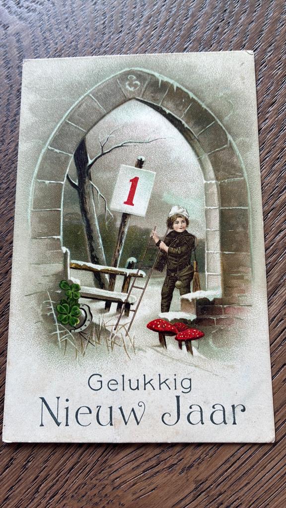 Nieuwjaar. Poort,schoorsteenveger, paddestoel,sneeuw,klaver, Ophalen of Verzenden, Voor 1920