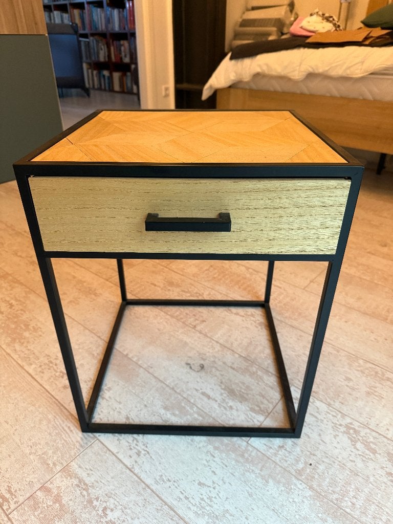 Kwantum Industriele bijzettafel met lade 40x40x50 cm, Huis en Inrichting, Minder dan 55 cm, Vierkant, Zo goed als nieuw, Industrieel