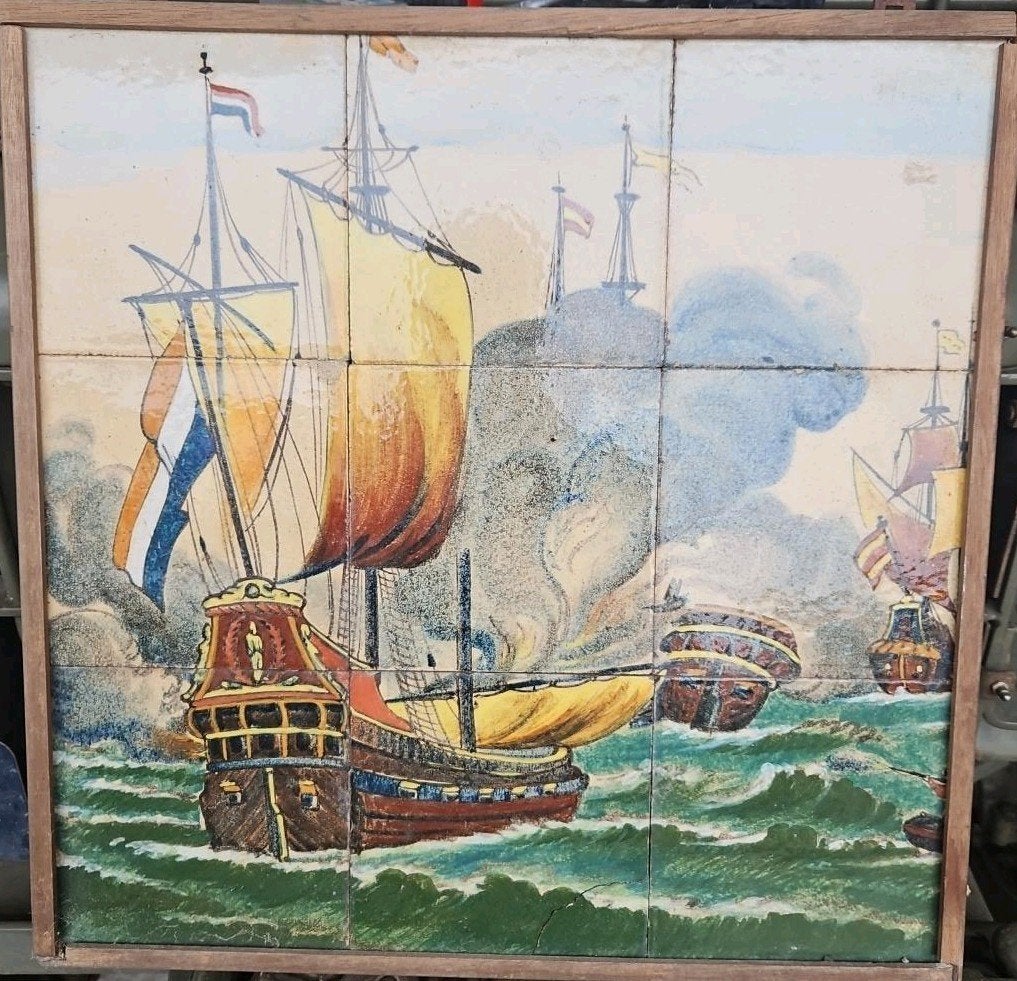 Polychroom Nederlands Tegeltableau met Schepen (12 tegels), Ophalen