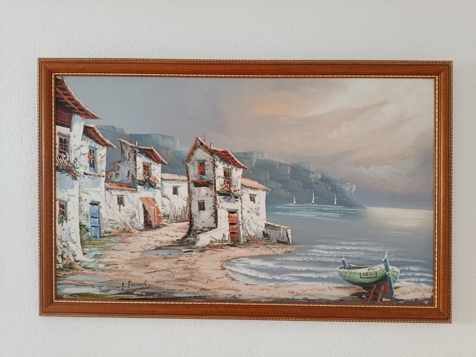 Mediterraan olieverf schilderij - Dorpsgezicht aan zee, Ophalen, Doek, Realistisch, Olieverf
