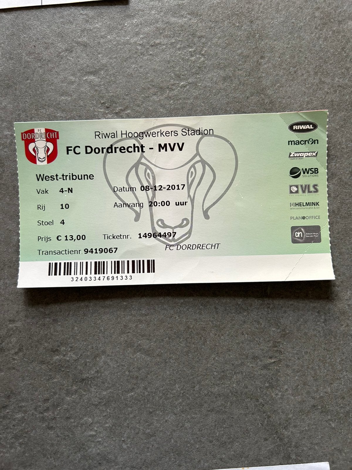 FC Dordrecht - MVV ticket, Verzamelen, Ophalen of Verzenden, Overige binnenlandse clubs, Overige typen