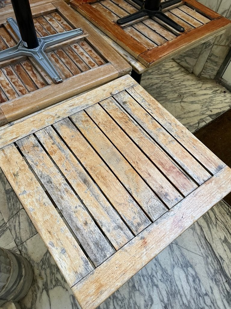 11 houten terrastafelbladen 60x60 cm, gebruikt, Tuin en Terras, Tuintafels, Ophalen, Gebruikt, Vierkant, Hout