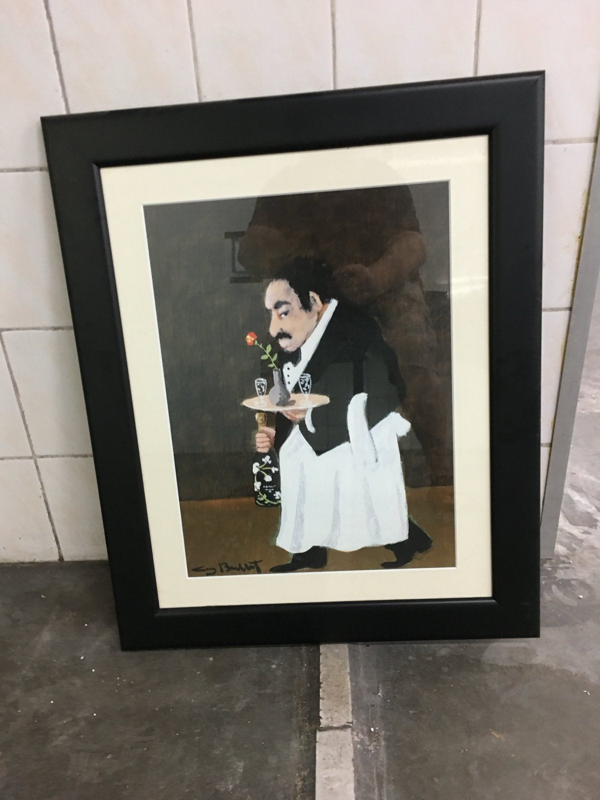 Set van 3 ingelijste schilderijen: Ober met champagne, Doek, Portret of Personen, Realistisch, Ophalen of Verzenden