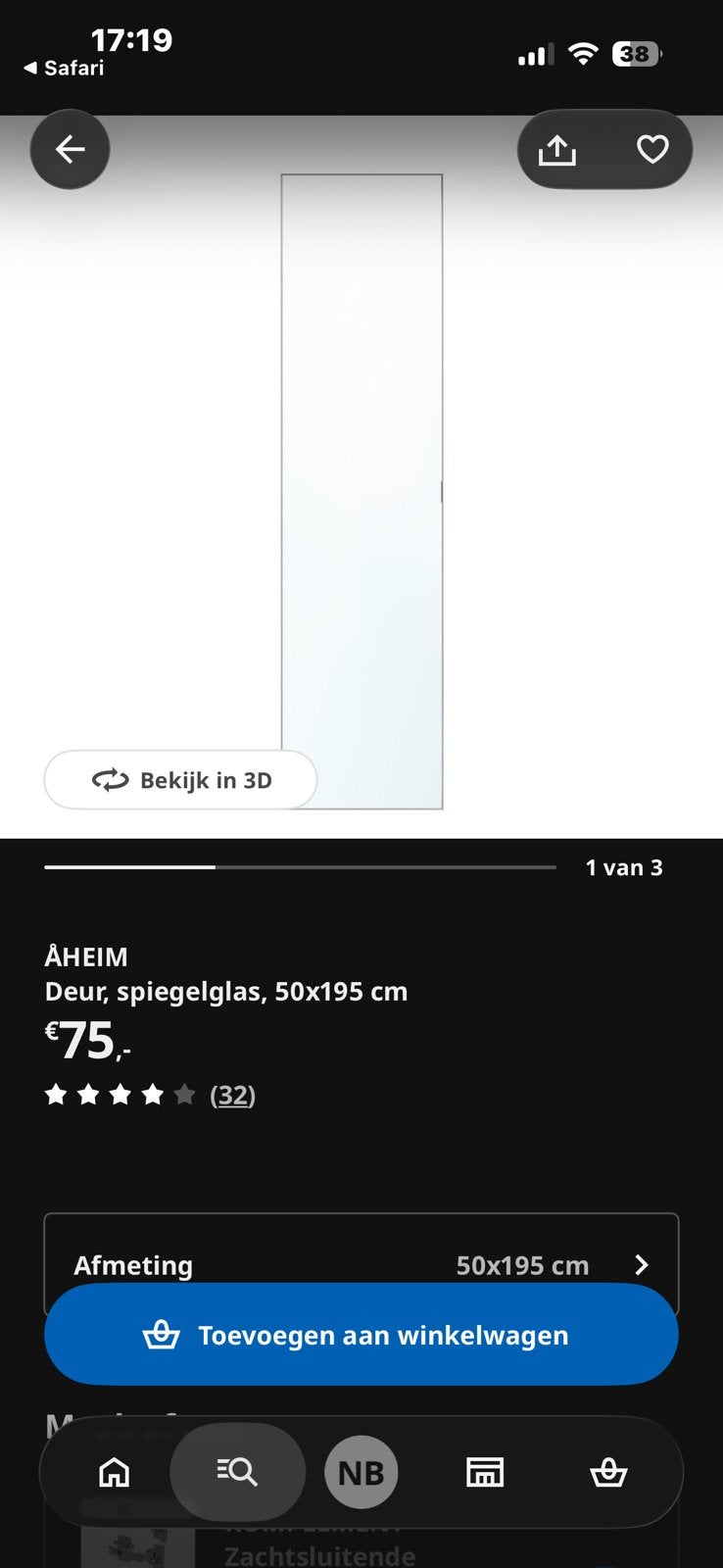 Spiegeldeur Pax kast Ikea 195cm 1x, Ophalen, Zo goed als nieuw, Mdf, Plinten