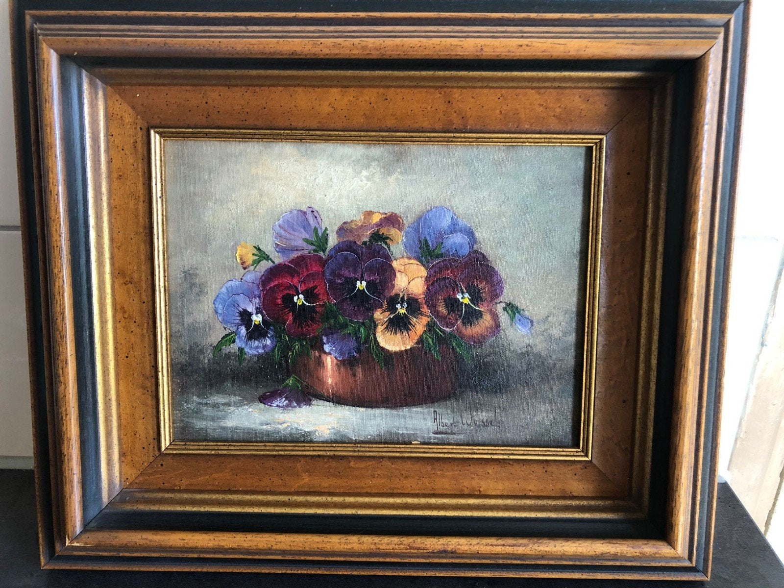 Schilderij Albert Wessels - Viooltjes in koperen pot, Bloemen, Doek, Ophalen of Verzenden, Gesigneerd